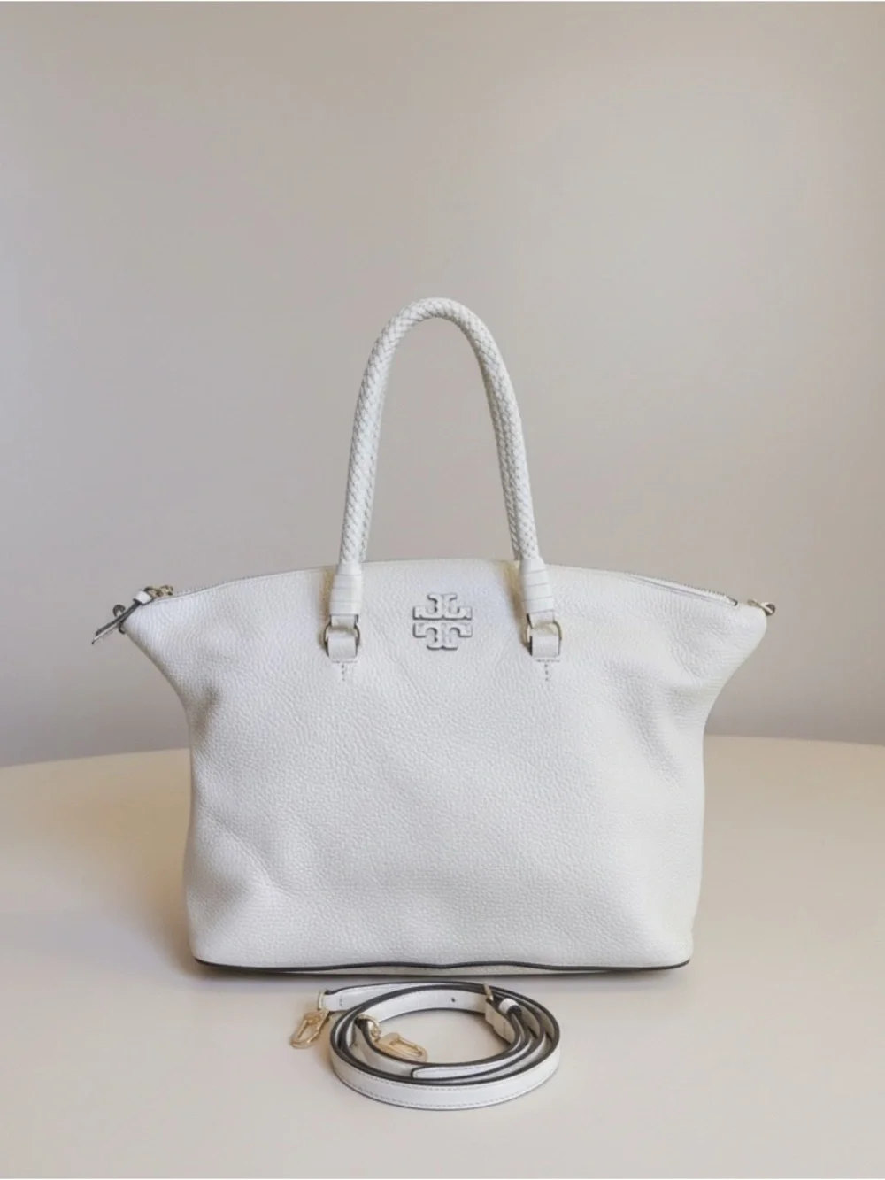 Tory Burch Pebbled Leather Ivory Satchel Tote Crossbody Bag w Dust Bag